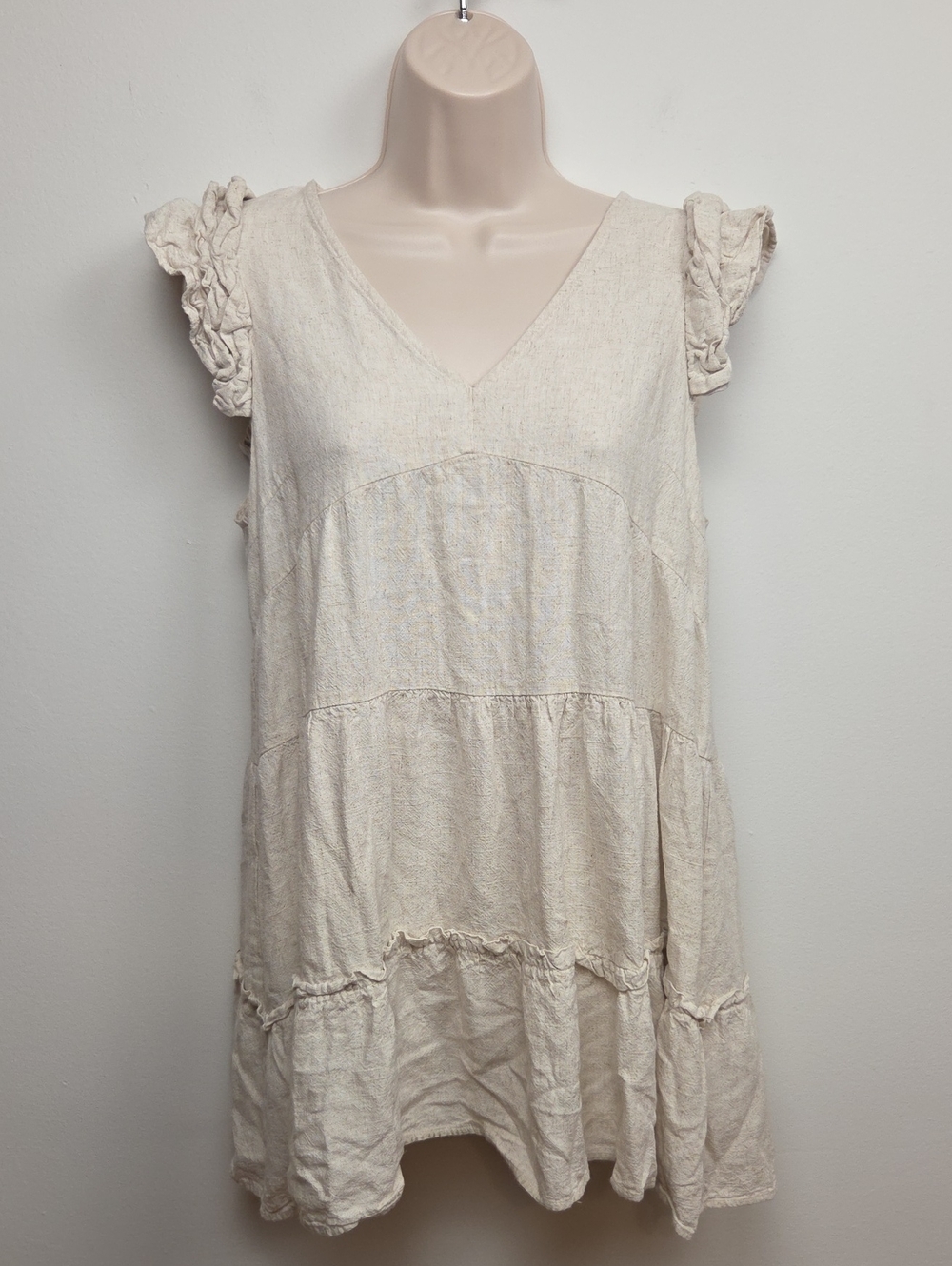 Umgee Linen Cream Babydoll Tiered Ruffle Dress Casual Boho Cottagecore Coastal M